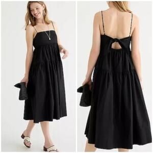 J Crew Tie Back Tiered Cotton Poplin Dress 10 Black A Line Wedding Guest